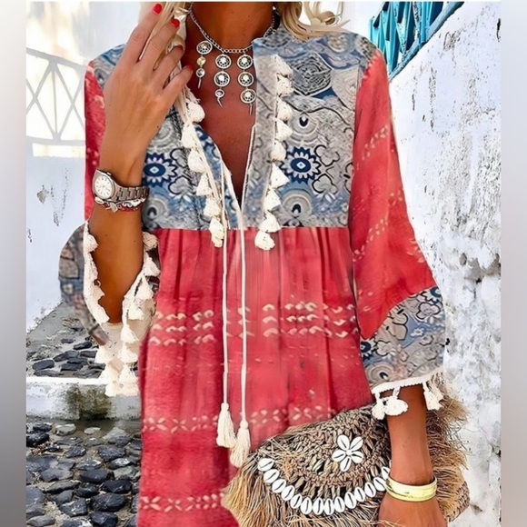 Red Casual Woman’s Floral Printed Patchwork Tassel Dress - Picture 2 of 11